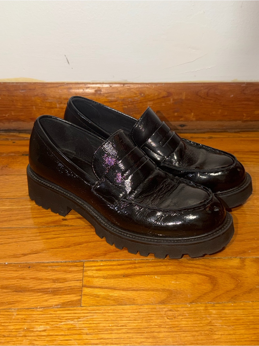 Vagabond Black Patent Leather Lug Sole Penny Loafers